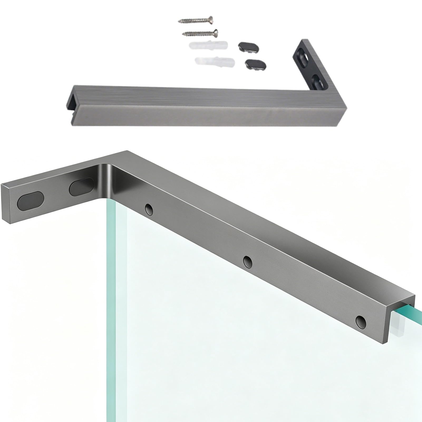 Barra de Soporte para mampara de Ducha, Soporte en L Impermeable para Panel de Vidrio, Abrazadera Estable de Pared a Vidrio, Acabado Plateado Pulido para Cabina de Ducha - 340 mm de Longitud