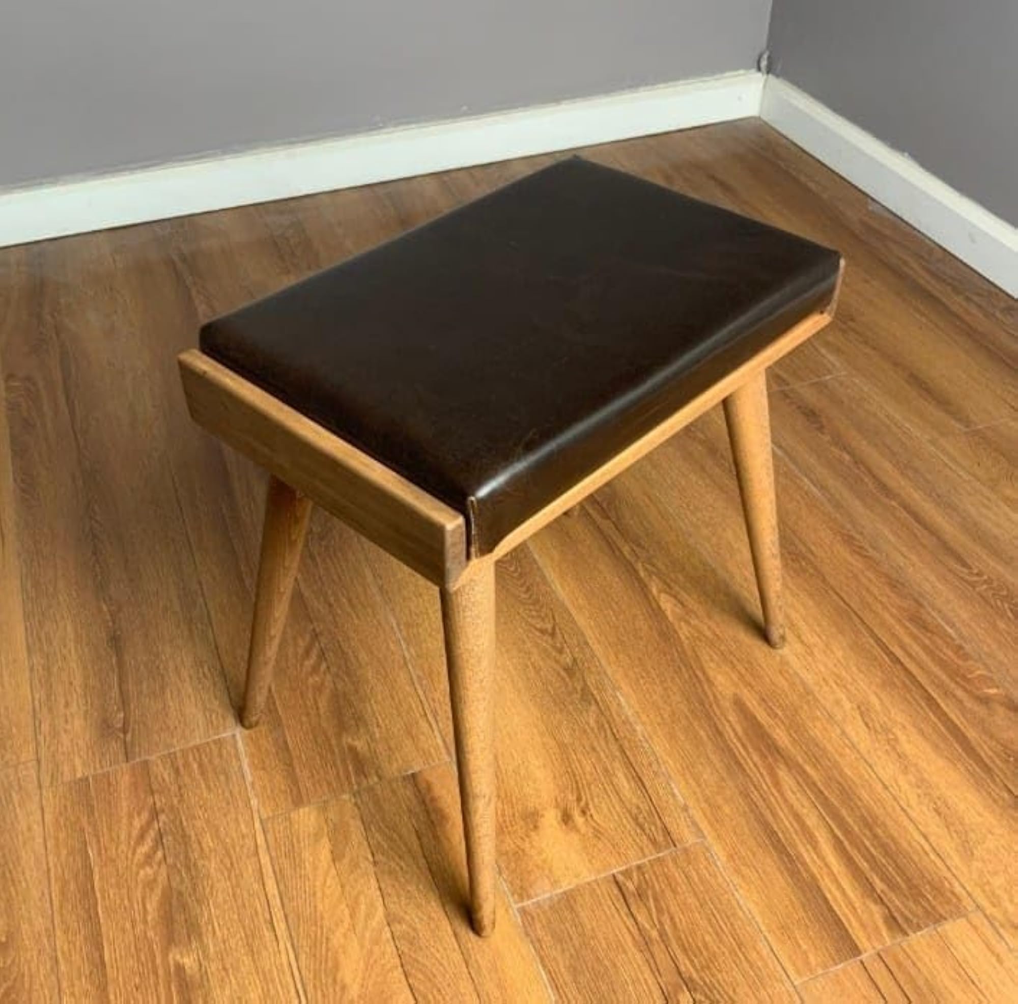 Solid Sheesham Wood Stool with Cushion, Black Leather