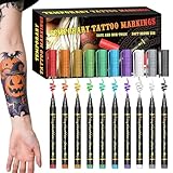 Expanlarge Temporary Tattoo Markers Set, Halloween Marqueur de tatouage temporaire, 10 Couleurs Marqueur corporel, Crayons de maquillage Étanche pour peau, fêtes, festivals