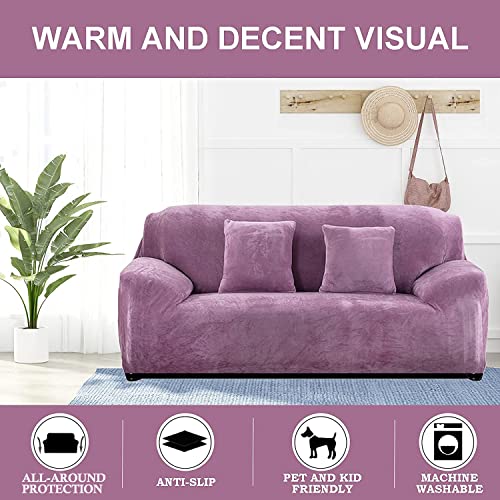 Teynewer Thick Velvet Sofa Covers 1 2 3 4 Seater High Stretch Non-Slip Couch Cover Elastic Furniture Protector Plush Sofa Slipcovers with 1 pillowcase for Living Room Dogs Cat Pet (4 Seater - Image 2