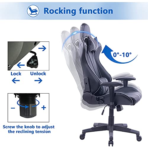 WOLTU® Racing Stuhl Gaming Stuhl Bürostuhl Schreibtischstuhl Sportsitz mit Armlehne, mit Kopfstütze und Lendenkissen, höhenverstellbar, dick gepolsterte Sitzfläche aus Kunstleder, Grau, BS13gr - 6