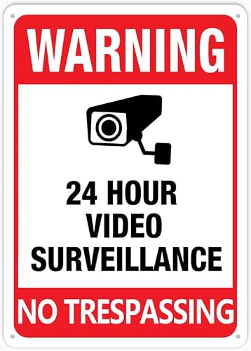24 Hour Video Surveillance No Trespassing Aluminum Warning Sign 12"x8" Pre-Drilled Holes For Easy Mounting Indoor/Outdoor Use - Fence/Door/Gate