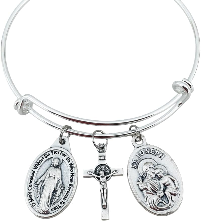 Virgin Mary & Saint Joseph Expandable Charm Bracelet – Silver Catholic Jewelry with Crucifix and Holy Family Medals – Religious Gift for Women, Teens, Confirmation, Baptism, or First Communion