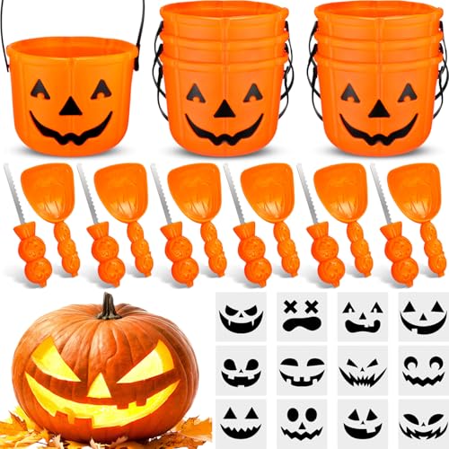 Teenyyou 30 Pcs 6 Set Halloween Pumpkin Carving Kit Professional Heavy Duty Carving Tools Set Included 6 Gut Buckets 6 Knife 6 Scoops 12 Stencils for Family Party Halloween Decorations (Orange) by Teenyyou - Used condition - US$8.80