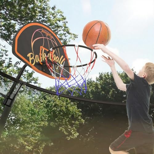 Jumpfly Trampoline Basketball Hoop Attachment, Basketball Hoop for Trampoline Easy to Install, Universal Trampoline Accessories Fits Straight Pole & Curved Pole with Mini Balls & Pump