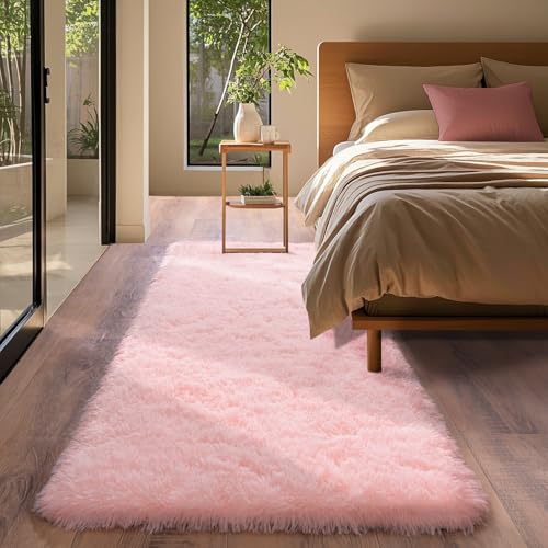 Pink Fluffy Rugs for Bedoom Girls, 2x6 Small Soft Faux Fur Area Rug - Cozy Fuzzy Plush Non-Slip Shaggy Carpet for Living Room, Kids Girls Room Home Dorm Nursery