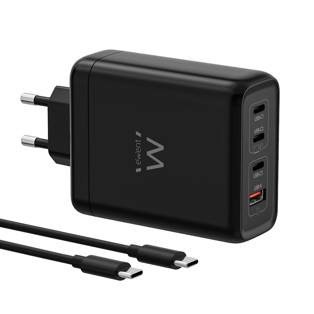 Ewent Caricatore USB C 140W, Caricabatterie Rapido GaN Fast 4 Porte USB (3 USB-C PD 3.1 + 1 USB-A QC 3.0), per Notebook, MacBook, iPhone 17, iPad, Android con Cavo USB-C 240W da 2 m, Nero
