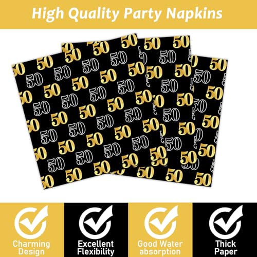 Image of 200Pcs 50th Birthday Party Decorations Vintage 1976 Paper Plates and Napkins Black Gold 50 Year Old Disposable Tableware Set for Men Women 50th Birthday Anniversary Party Favors Supplies Serves 50