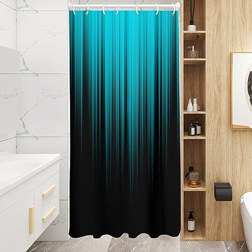 Image of AAtter Teal Black Ombre Shower Curtain, Small Stall 36x72 Inch, 7 Hooks | Turquoise Striped Polyester Fabric, Dark Modern Abstract Style, Cool Anime Design, Single Narrow Bathroom Decor for Men