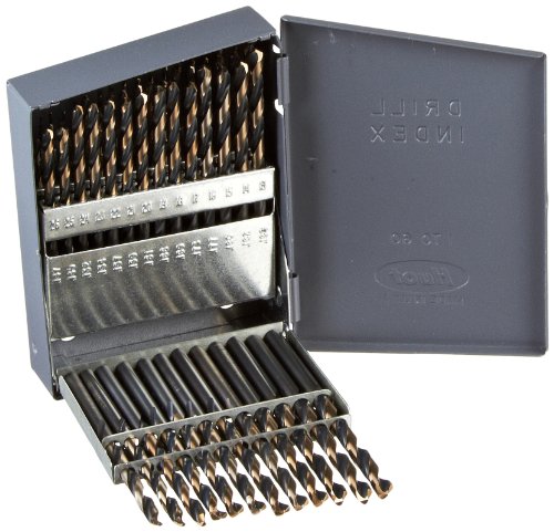 Drillco 400N Series Nitro 60 Piece High-Speed Steel Heavy-Duty Jobber Drill Bit Set, Black and Gold Oxide Finish, Round Shank, Spiral Flute, 135 Degrees Split Point, Size #1 - #60
