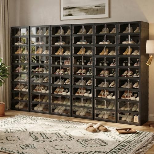 Image of Foldable Shoe Organizer Storage Box Set of 6, Portable Extra Large Folding Shoe Rack for Closet, Shoe Storage Box with Magnetic Transparent Door and Wheels, 9 Layers 18 Grids