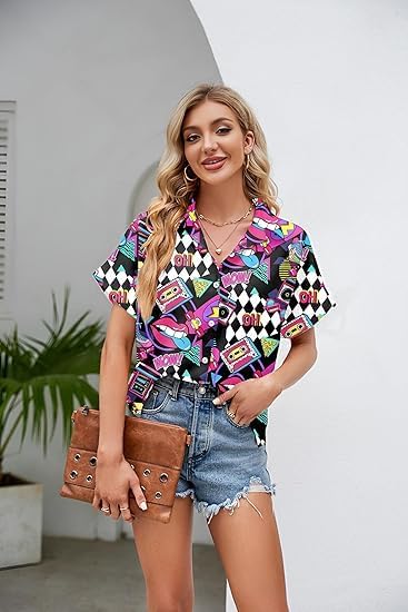 Camisa hawaiana de los años 80 y 90 para mujer, retro, fiesta, discoteca, neón, ropa de los años 80, blusas con botones