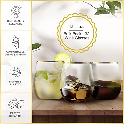 32 Pack Stemless Plastic Wine Glasses Disposable 12 Oz Gold Rim - Shatterproof Recyclable And Bpa-Free, Stylish Drinkware For All Beverages, Cocktail Parties, Wedding Reception And Catered Events #TOP1