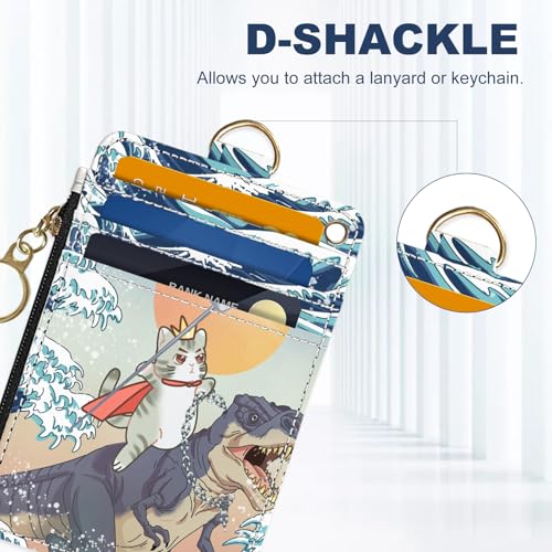 Image of Slim Wallet Credit Card Holder, Cat and Dinosaur, RFID Wallet Women Cute Small Front Pocket Wallet With Zipper, PU Leather Thin travel RFID Blocking Card Case ID Window ,Ladies Gifts