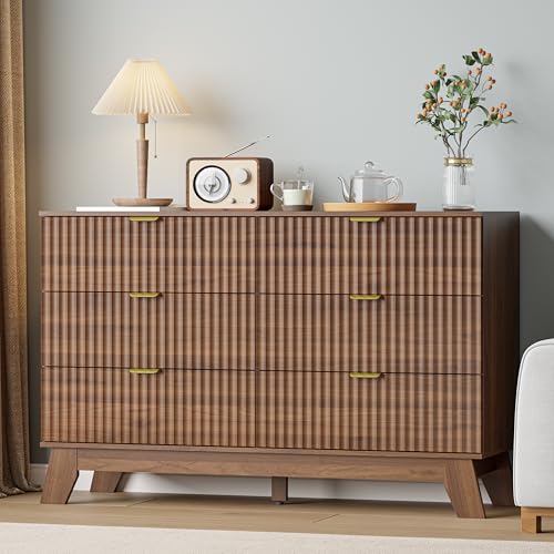 Image of Dresser 6 Drawer Dresser for Bedroom, 47''W Fluted Wooden Dresser Storage Cabinet and Chest of Drawers with Metal Handle, Storage Organizer for Living Room, Hallway, Entryway, Walnut