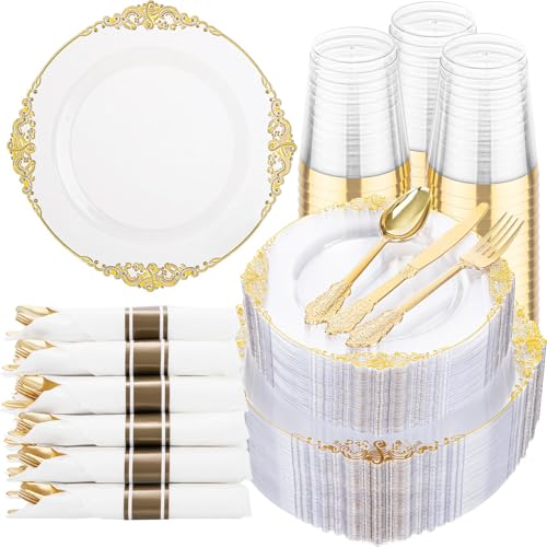 Hioasis 350pcs Clear and Gold Plastic Plates - Elegant Disposable Dinnerware Set Suitable for 50 Guests Include 10.25 Hioasis 350pcs Clear and Gold Plastic Plates - Elegant Disposable Dinnerware Set Suitable for 50 Guests Include 10.25