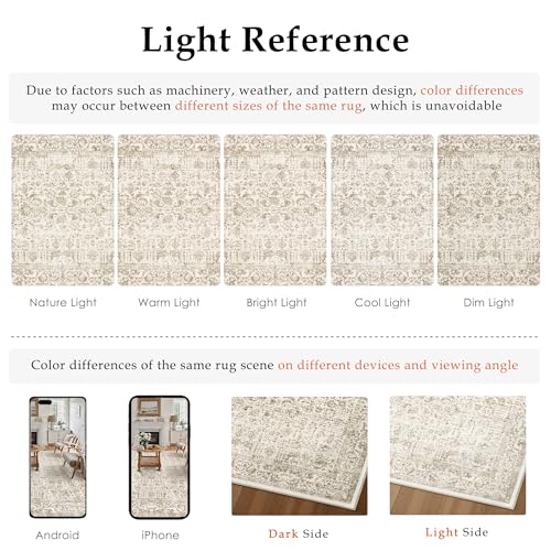 Light Brown Area Rug 10x14 Machine Washable Large Vintage Living Room Distressed Non Slip Carpet Traditional Indoor Bedroom Retro Floral Accent Throw Rug for Office Kitchen Dining Room
