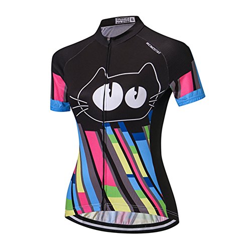 Women's Cycling Jersey Short Sleeve Bike Top Ladies Bicycle Shirt MTB Clothing Breathable Quick Dry Black Cat Size L