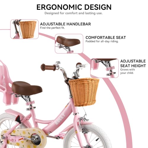 Image of RULLY Fruit Kids Bike 12 14 16 Inch Bicycle for Girls Ages 2-7 Years, Training Wheels Included, Girl Bikes with Basket & Doll Seat