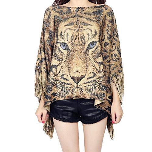 Fashion Secrets Tiger Print Sweater Poncho Cap with Fringes Brown4