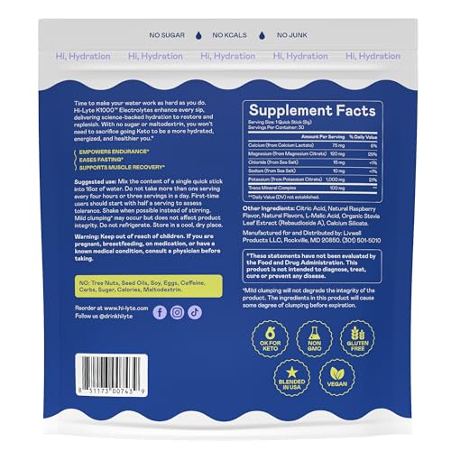 Image of Hi-Lyte K1000 Blue Raspberry Electrolytes Powder Packets, 30 Servings - 1000mg Potassium + Magnesium, Sodium, Trace Minerals - 0 Carbs, 0 Sugar