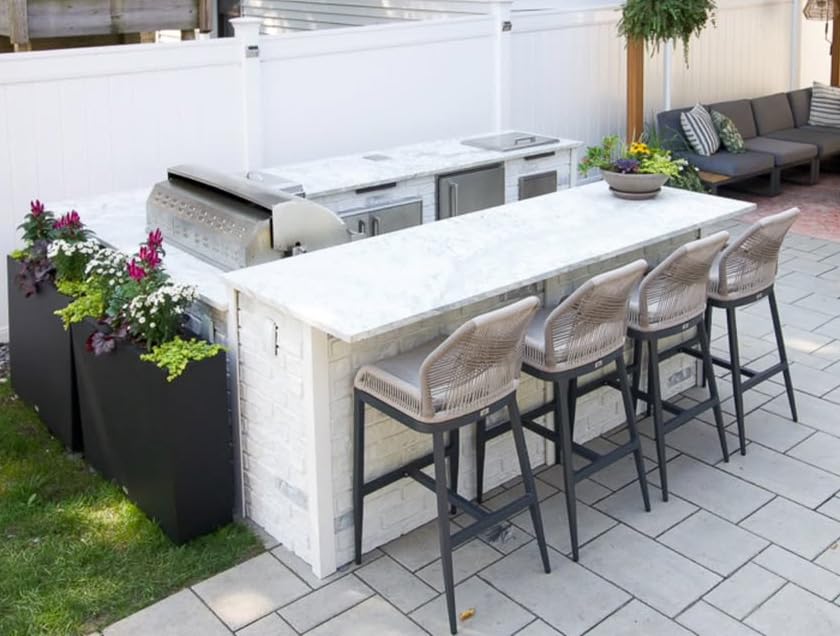 Image of PURPLE LEAF Bar Stools Set of 4 Outdoor Bar Height Metal Stools Modern Wicker Rattan Barstools with Back Aluminum Outside Garden Patio Bar Chairs