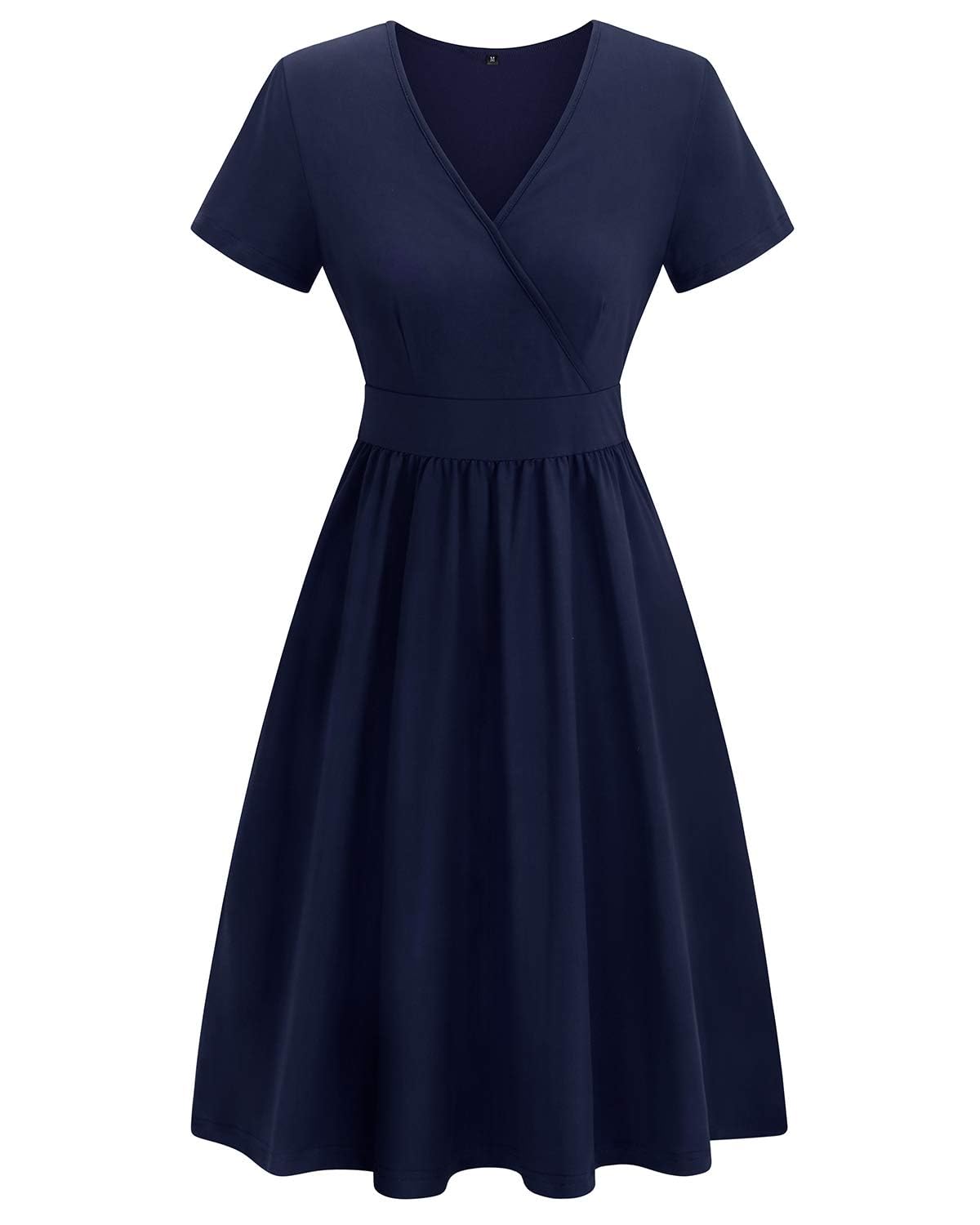 VOTEPRETTY Damen Sommerkleid Kurzarm V-Ausschnitt Wickelkleid Knielang Kleid mit Taschen