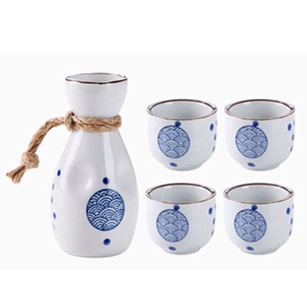 Service à saké japonais, ensemble de 5 tasses à saké, tasses en céramique à texture ondulée bleue, verres à vin artisanaux pittoresques, pour thé shochu chaud et froid, meilleur cadeau pour la fa