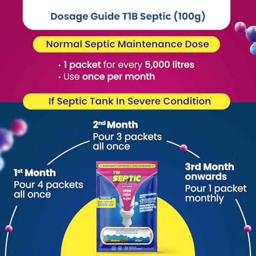 Image of T1B Septic Tank Cleaning Powder - 100X Powerful Formula Microbes & Enzymes, Odour Removal, Prevents Blockages & Clears Drains, Septic Tank Treatment Powder, Tank size 5000 litre, 100g (pack of 3)