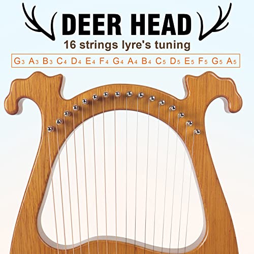 Lyre Harp,AKLOT 16 Saitige Lyra Harfen im Deer Smile-Stil Mahagonikorpus und Kupfersattel mit Stimmschlüssel, Ersatzsaiten, Tasche, Handbuch