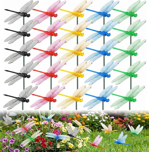 25 Pcs Garden Dragonfly Stakes, 3D Plastic Fake Dragonflies, Waterproof