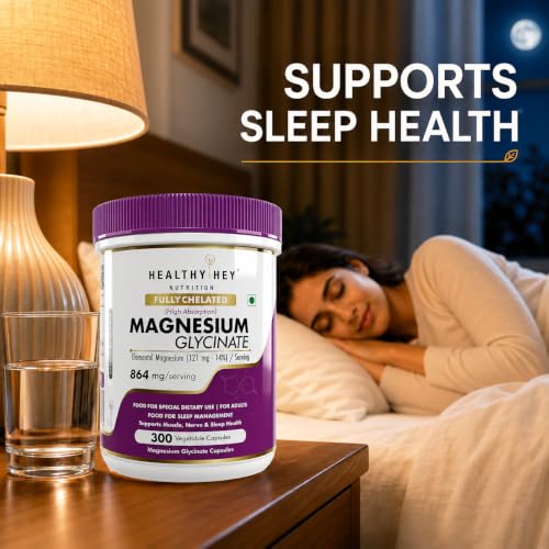 Image of HealthyHey Nutrition Magnesium Glycinate 14% Fully Chelated Supplement High Absorption for Sleep, Cramps, & Nerves Health - 300 Vegetable Capsules