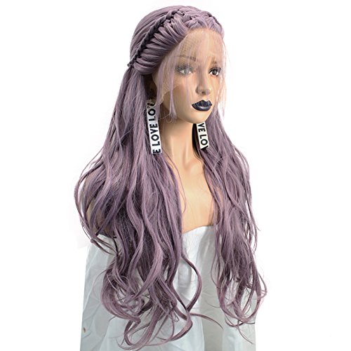 Anogol Hair Cap+Purple Braided Lace Front Wig With Baby Hair Long Natural Wavy Synthetic Wigs For Women Princess Fancy Dress