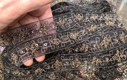 Eggplant Embroidered Hand Beaded 7/8" Metallic Trim Glass Sequins 1yd Eggplant Fabric