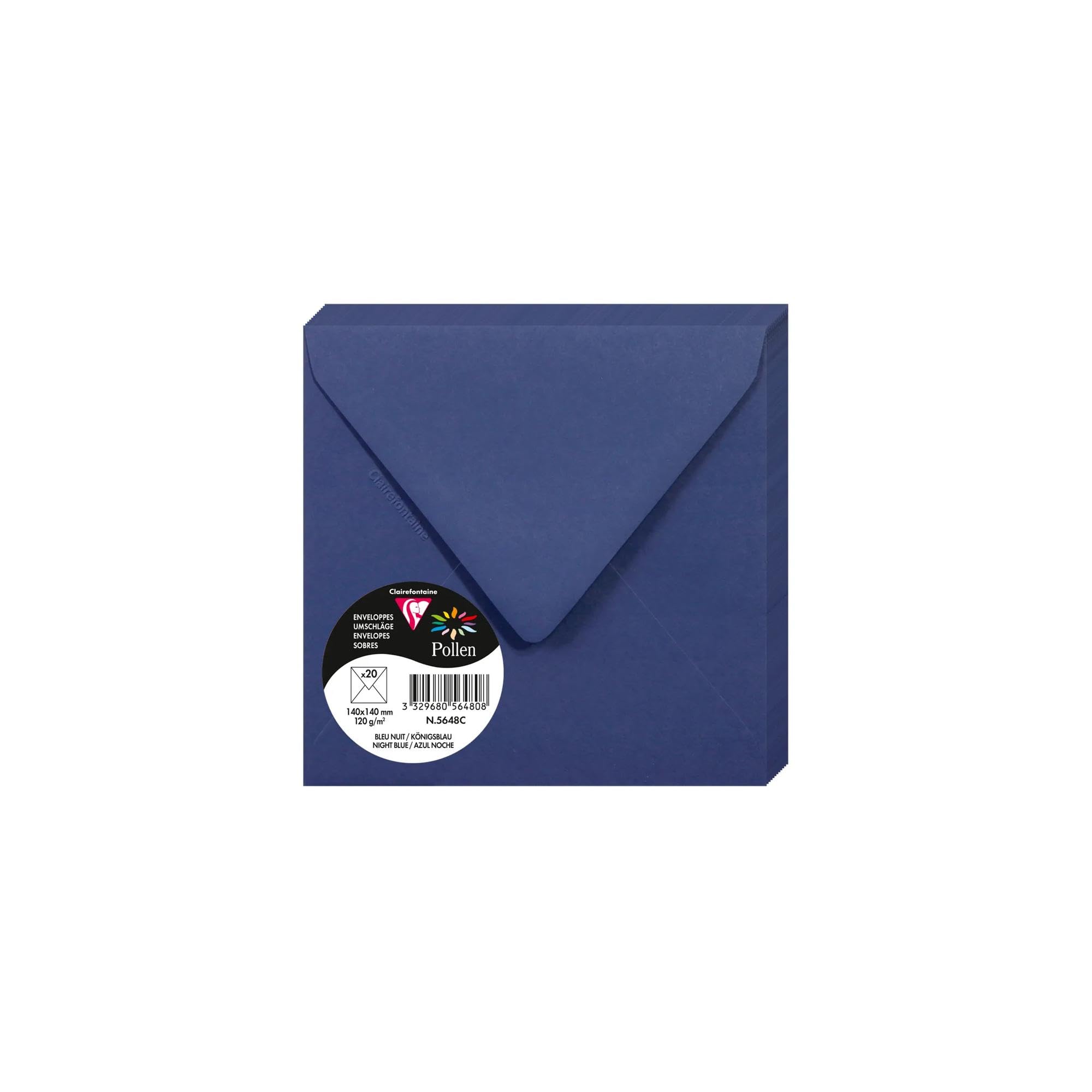 Clairefontaine 5648C Pack of 20 Gummed Envelopes Square Format 14x14cm 120g/m² Midnight Blue Invitation Events Correspondence Pollen Range Premium Paper