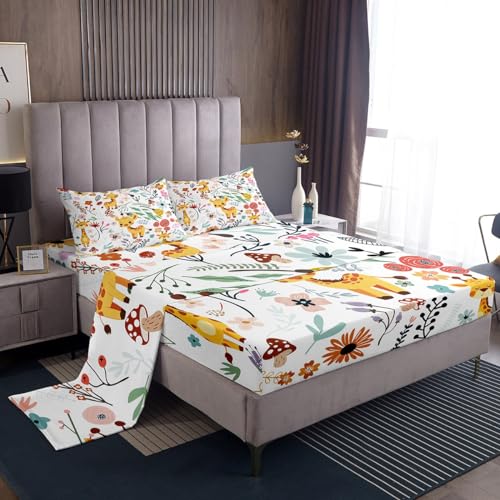 Erosebridal Kawaii Giraffe Bed Sheets Set Mushroom Floral Twin Sheet Set for Boys,Cartoon Animal Sheets Watercolor Flowers Leaves Toddler Flat Fitted Sheet for Girls Kids Children,Cute Room