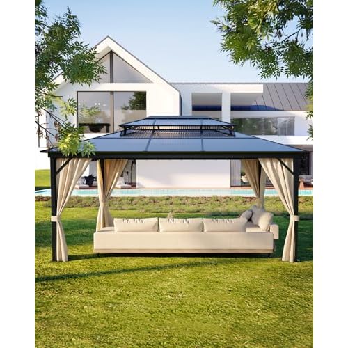 GarveeLife Hard top Gazebo 10 ft x13 ft for All Weather, Double Polycarbonate Sheets Roof, Aluminum Alloy Frame, Net, and Curtain, Permanent Building