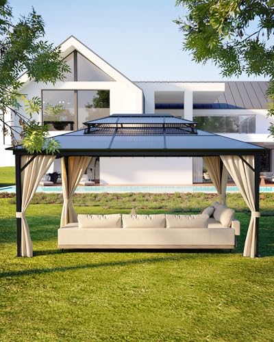 Hardtop Gazebo 12'x16' for All Weather, Double Polycarbonate Sheets Roof, Aluminum Alloy Frame, Net, and Curtain, Permanent Building for Patio, Deck, Backyard, Lawn, and Garden, Khaki