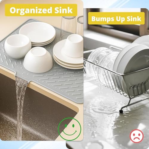 Image of KROYWEN Silicone Dish Drying Mat for Kitchen - Built-in Drain Lip | Hygienic Drying Pad - Sturdy Compact Easy to Clean Tray Protects Surfaces Prevents Water Build Up - 23 X 17 Inches (Grey)
