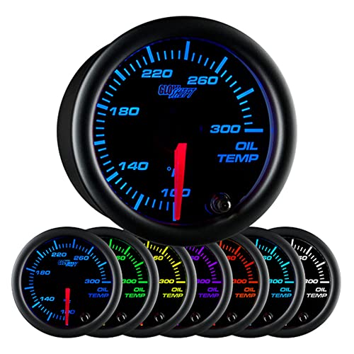 GlowShift Black 7 Color 300 F Oil Temperature Gauge Kit - Includes Electronic Sensor - Black Dial - Clear Lens - for Car & Truck - 2-1/16