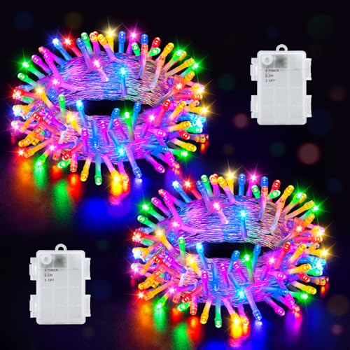 Image of Joolivo Battery Fairy Lights, Total 10m 100LEDs Multicoloured Fairy Lights with 6H Timer, Waterproof String Light for Christmas Tree Bedroom Party Indoor Outdoor Decor, 2 Pack