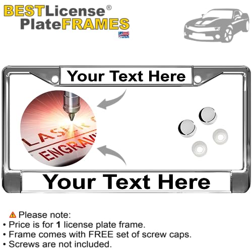 Image of Custom Personalized Chrome-Plated Metal Laser Engraved Standard Size - Car /Automobile License Plate Frame with Free caps - White /Black Text (Qty: 1 Frame)