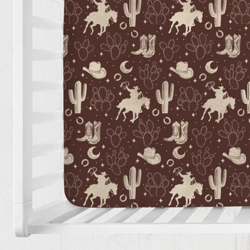 Image of Vintage Western Cowboy Baby Crib Sheets 52''x28'' Cowboy Horse Boots Hat Cactus Moon Snug Fitted Crib Mattress Cover for Boy Girl Wild Plants Soft Baby Bed Sheet for Standard Crib Toddler Mattress