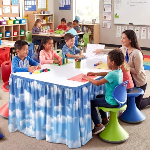 Image of Oudain 9 ft Blue Sky White Clouds Table Skirt Cloths for Teacher Desk Boho Wrinkle Blue Sky White Clouds Table Cover Skirt for Kindergarten Classroom Kidney Shaped Desk Back to School Supplies