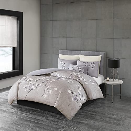 N Natori Sakura Cotton Comforter Reversible Solid Cherry-Blossom Flower Floral Print Embroidered Pillow Soft Down Alternative All Season Bedding-Set, Full/Queen(92