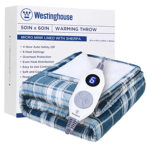 Westinghouse Electric Blanket Heated Throw Blanket, Plaid Sherpa Heating Blanket, 6 Heat Settings & 4 Hours Auto Off, Teal Plaid, 50x60in