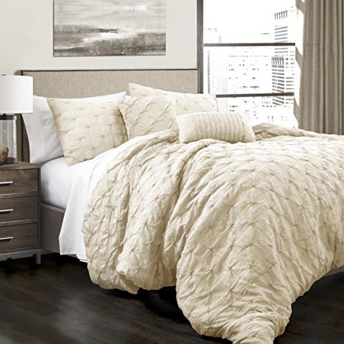 Lush Decor Ravello Pintuck Vintage Chic Farmhouse Style 5 Piece Comforter Set with Pillow Shams, Full/Queen, Ivory