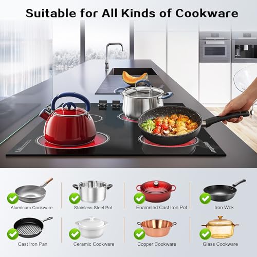Image of Electric Cooktop 30 Inch - 4 Burners Built-in Ceramic Cooktop, 30 inch Radiant Electric Stove Top with Knob Control, Hot Surface Indicator, 6700W, 220-240V Hard Wire(No Plug)