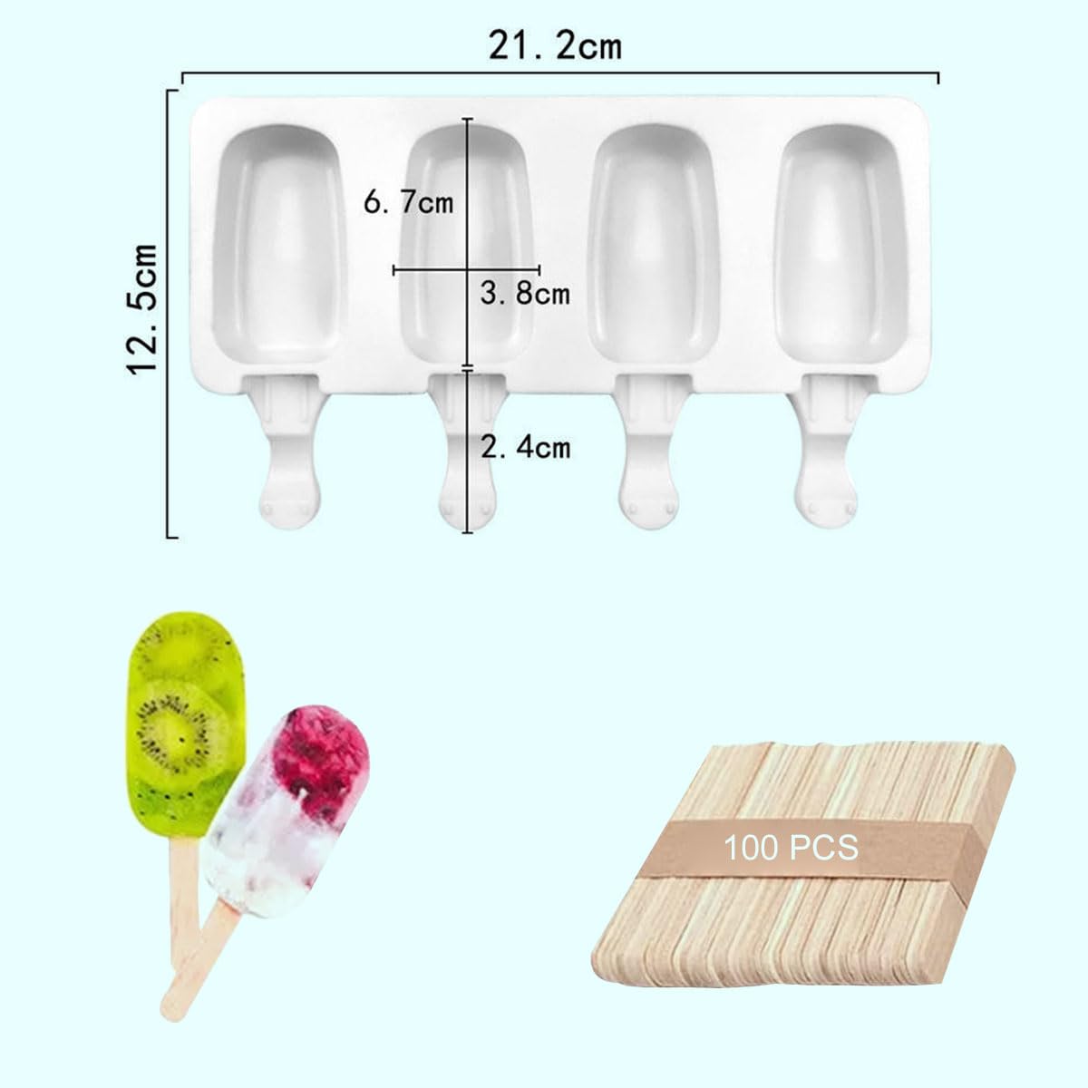 Moldes de Helado,8 Pack Juego de Moldes para Polos, 2 Unidades Molde de Silicona para Helados de Chocolate, con 4 Cavidades y 100 Palos de Madera, sin BPA Helado DIY