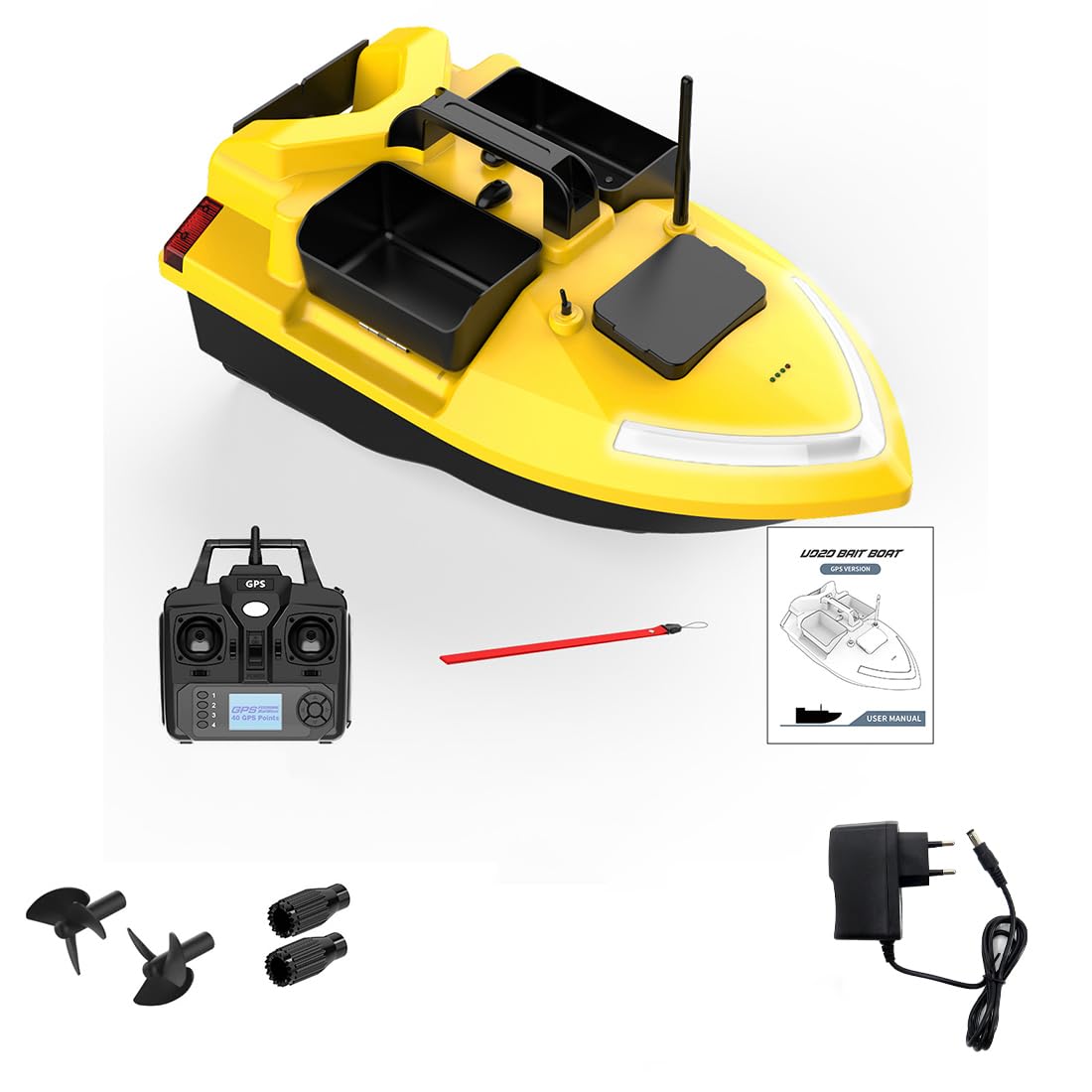 Barco de Cebo RC con GPS para Pesca de Carpas, V020, 74 V, 5200 mAh, 500 m, Control Remoto, Cebo, Carga de 3 kg, 40 Puntos GPS, 3 Compartimentos y Luces LED, Ideal para Lagos.